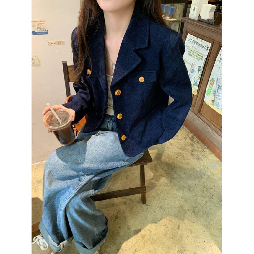 Notch Lapel Plain Single-Breasted Corduroy Crop Blazer Product Image