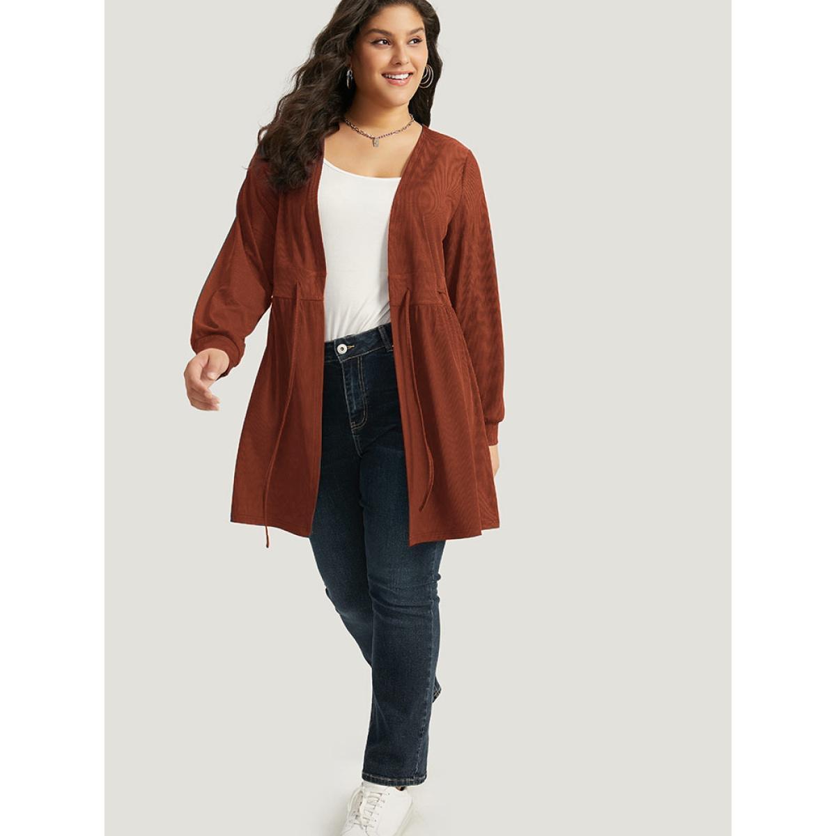 Plus Size Plain Drawstring Knot Gathered Open Front Coat Women Cyan Casual Plain Dailywear Kimonos BloomChic 10/M Product Image