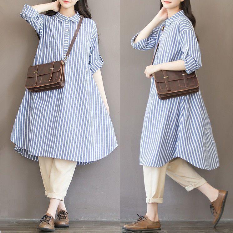 Pinstriped Long-Sleeve A-Line Shirt Dress Product Image