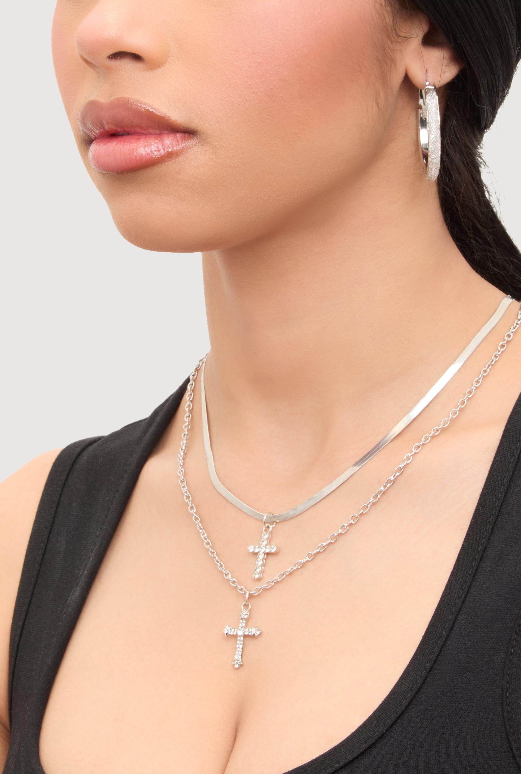 Cross Layered Necklace and Hoop Earrings Female Product Image