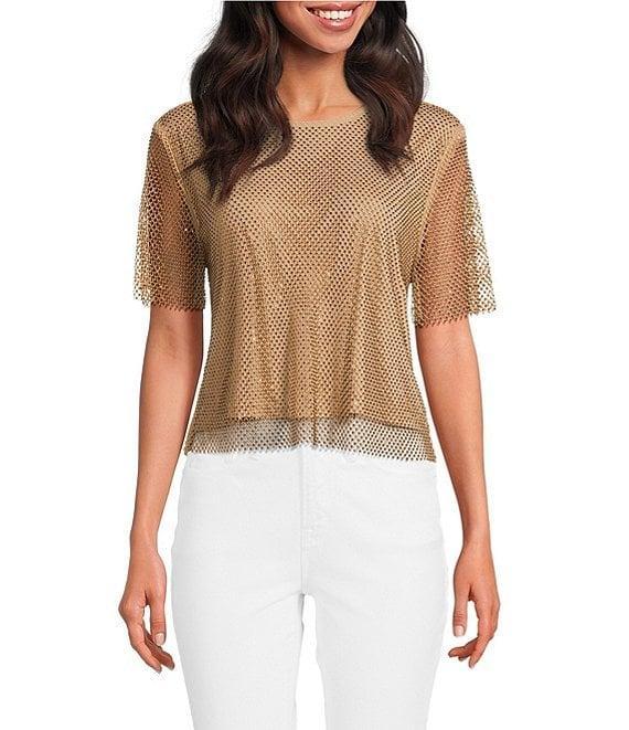 Skies Are Blue Rhinestone Mesh Scoop Neck Short Sleeve Top Product Image