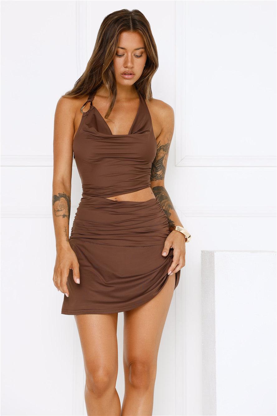 Golden Hour Flirt Halter Mini Dress Brown Product Image