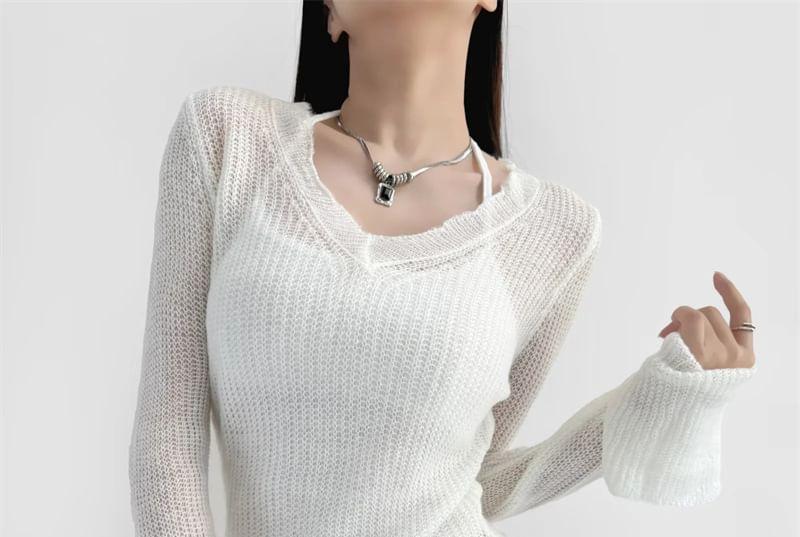 Long-Sleeve V-Neck Plain Sheer Knit Top Product Image