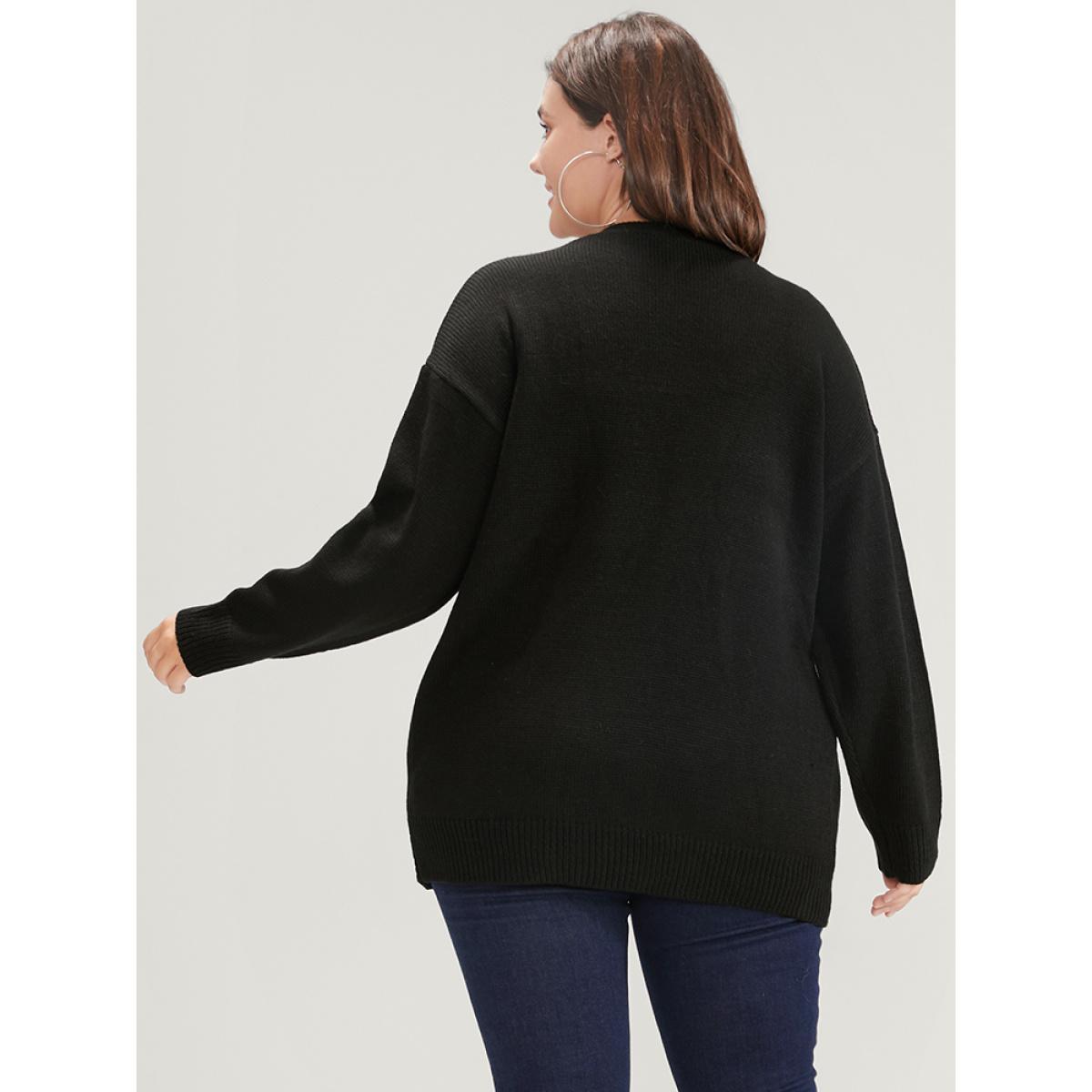 Plus Size Floral Embroidered Pointelle Knit Pocket Button Front Cardigan Black Women Elegant Long Sleeve Dailywear Cardigans BloomChic 14-16/1X Product Image