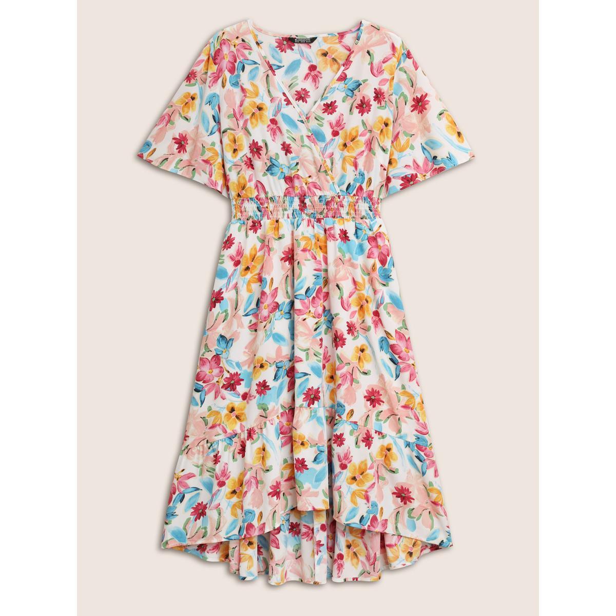Plus Size Floral Overlap Collar Shirred Ruffle Sleeve Dress White Women Elegant Overlapping Overlap Collar Short sleeve Curvy BloomChic 22-24/3X Product Image