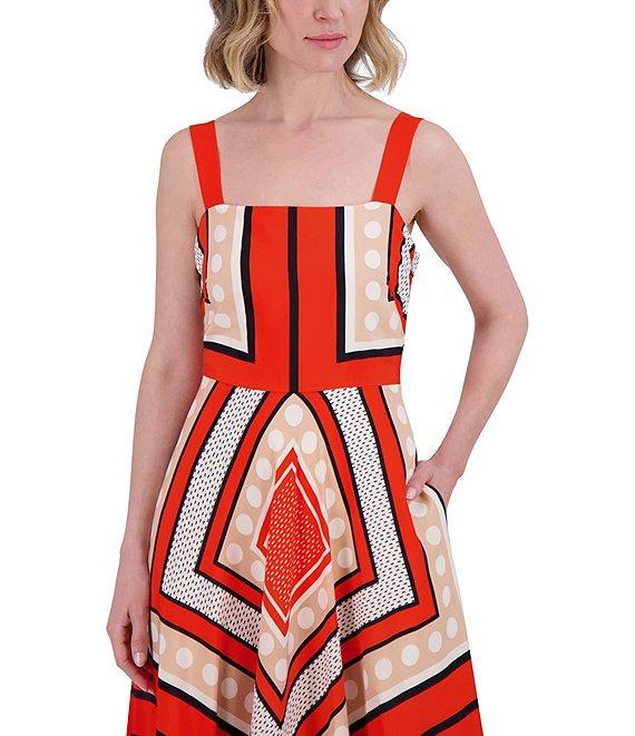 Eliza J Square Neck Sleeveless Stripe Scarf Print Crepe De Chine A-Line Maxi Dress Product Image