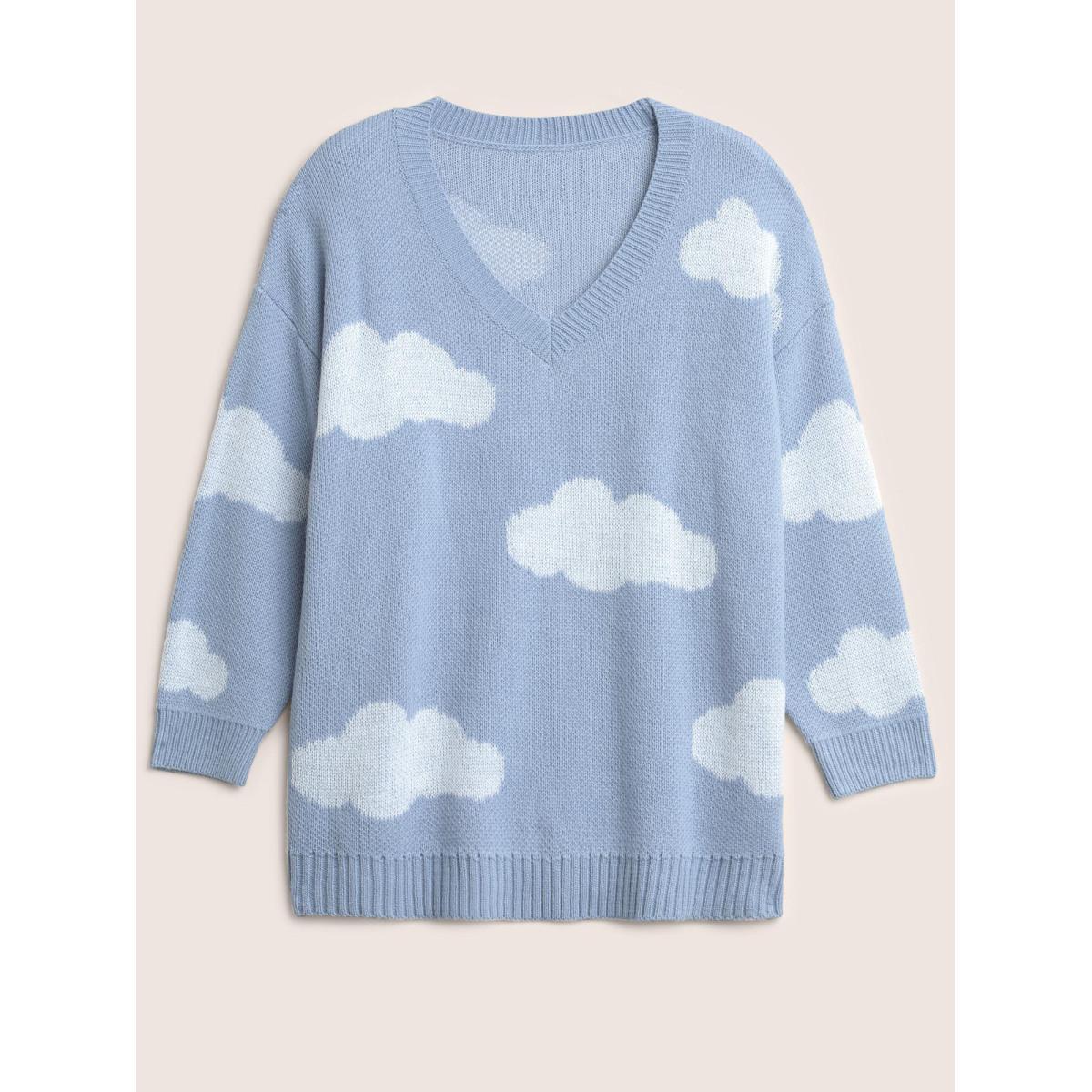 Plus Size Blue Sky White Clouds V Neck Pullover Stone Women Casual Long Sleeve V-neck Everyday Pullovers BloomChic 12/L Product Image