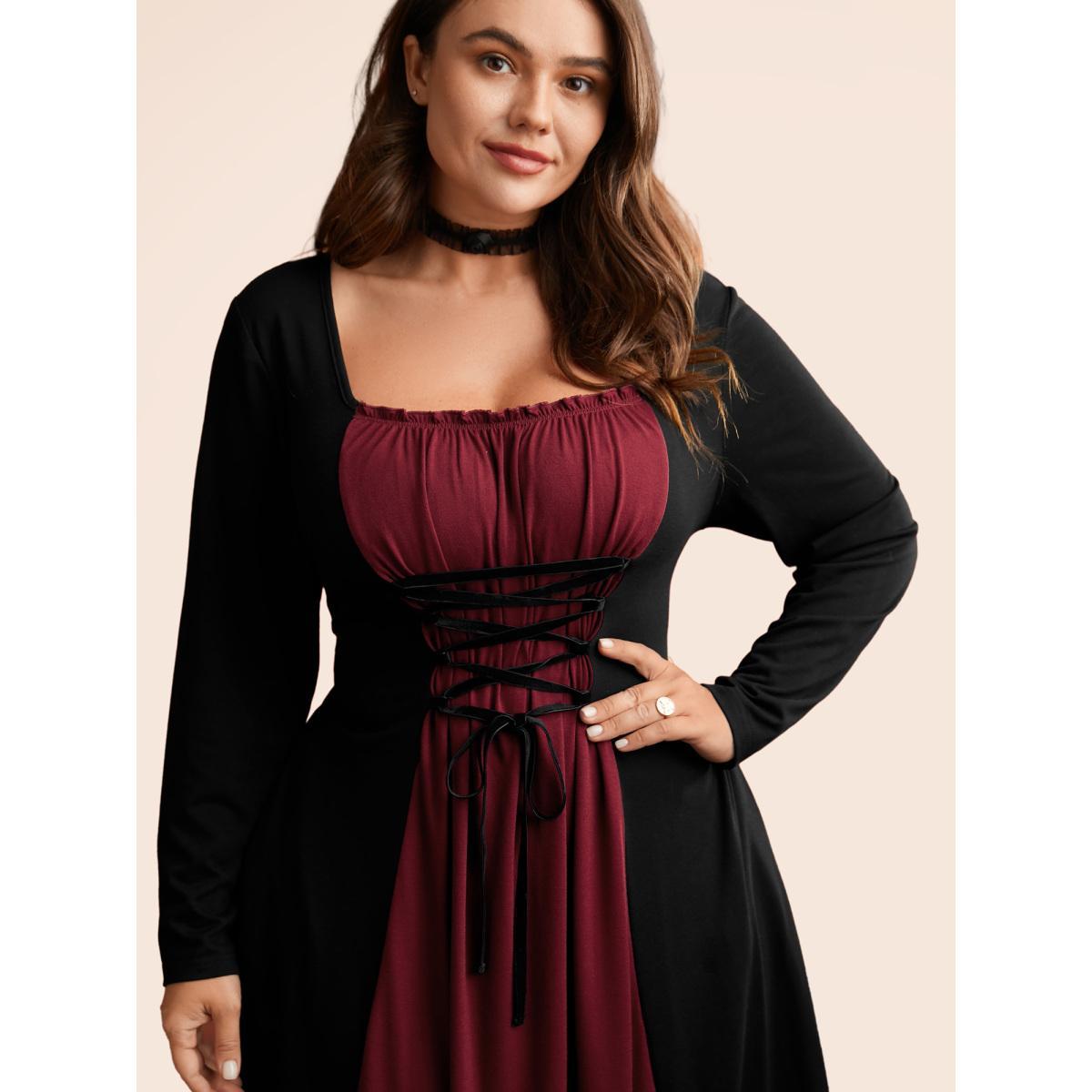 Plus Size Stretchy Knit Adjustable Tie Frill Trim Midi Dress Black Women Cocktail Wraparound straps Party Curvy Bloomchic 14-16/1X Product Image