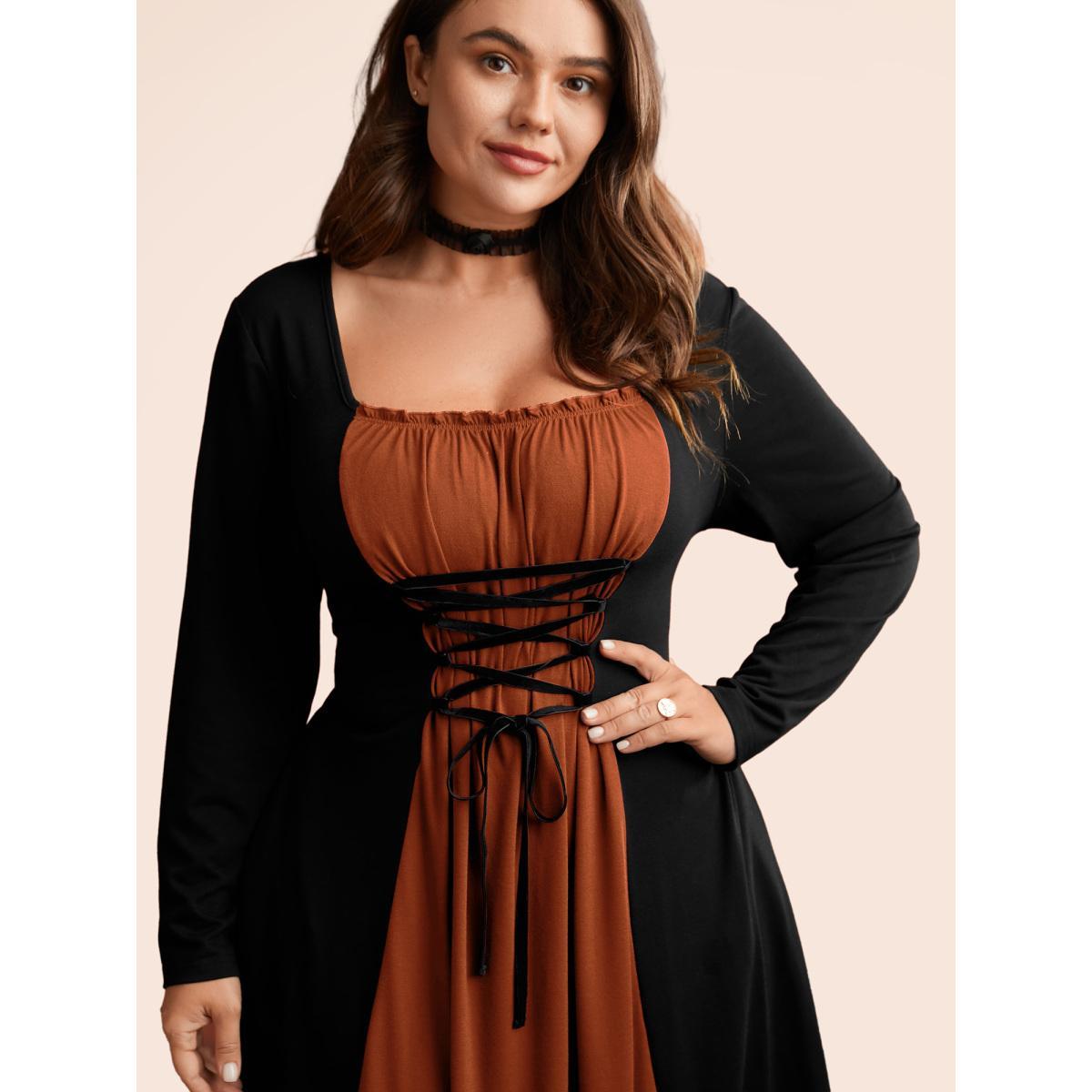 Plus Size Stretchy Knit Adjustable Tie Frill Trim Midi Dress Coral Women Cocktail Wraparound straps Party Curvy Bloomchic 30/6X Product Image
