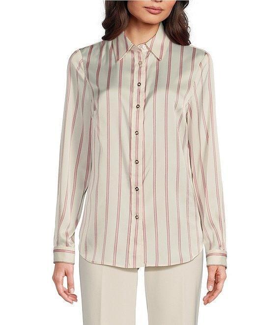 Anne Klein Satin Stripe Point Collar Long Sleeve Button Front Blouse Product Image