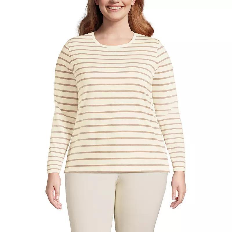 Plus Size Lands' End Long Sleeve Relaxed Supima Cotton Crewneck Tee, Women's, Size: 1XL, Ivory Black Stripe Product Image