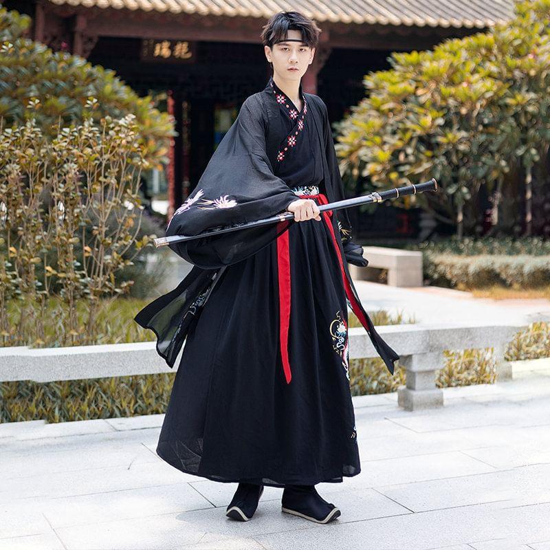 Couple Matching Fox Floral Embroidered Hanfu Jacket / Top / High Waist Maxi A-Line Skirt / Set Product Image