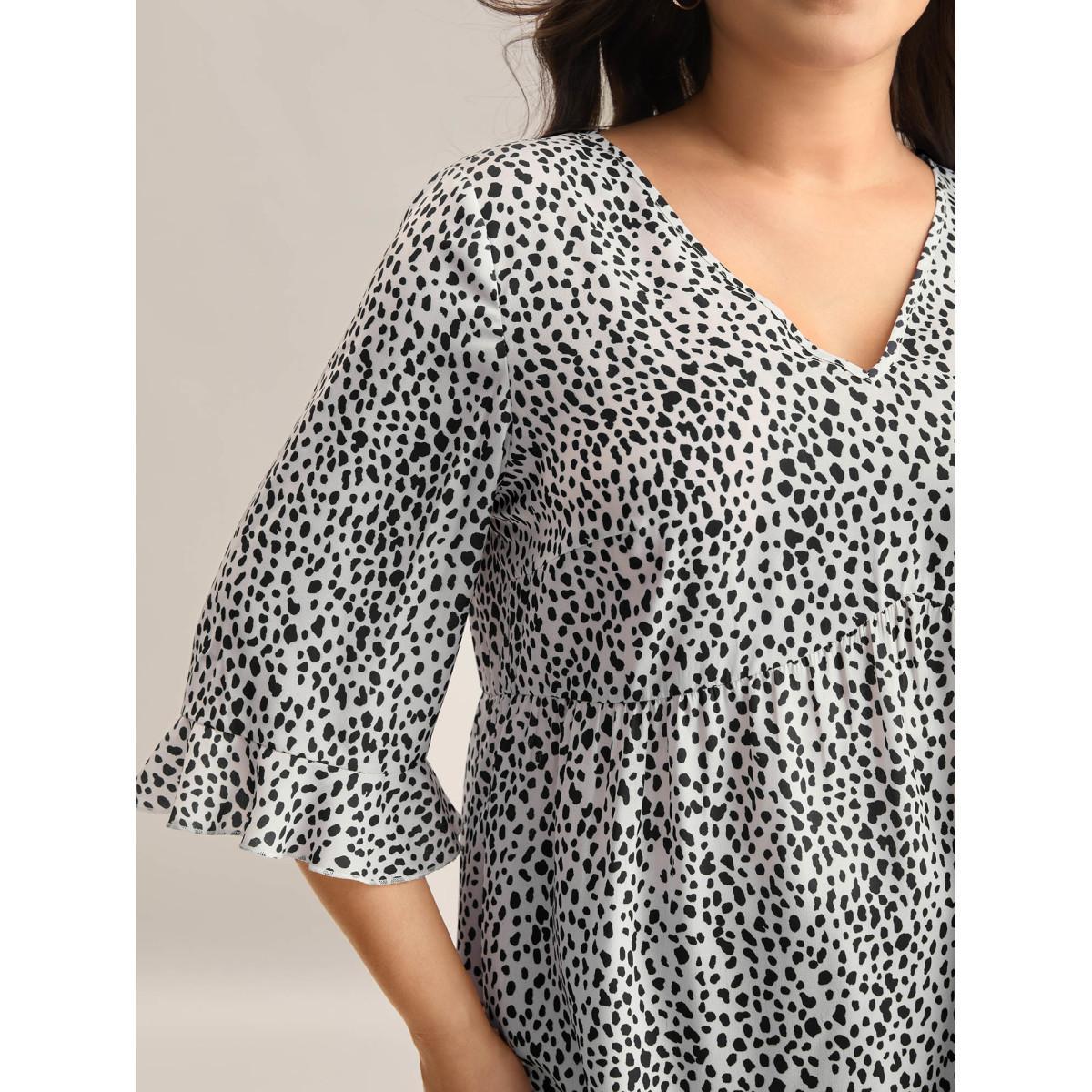 Plus Size WhiteSmoke Leopard Print Ruffled Detail V-Neck Blouse Women Casual Elbow-length sleeve V-neck Everyday Blouses BloomChic 22-24/3X Product Image