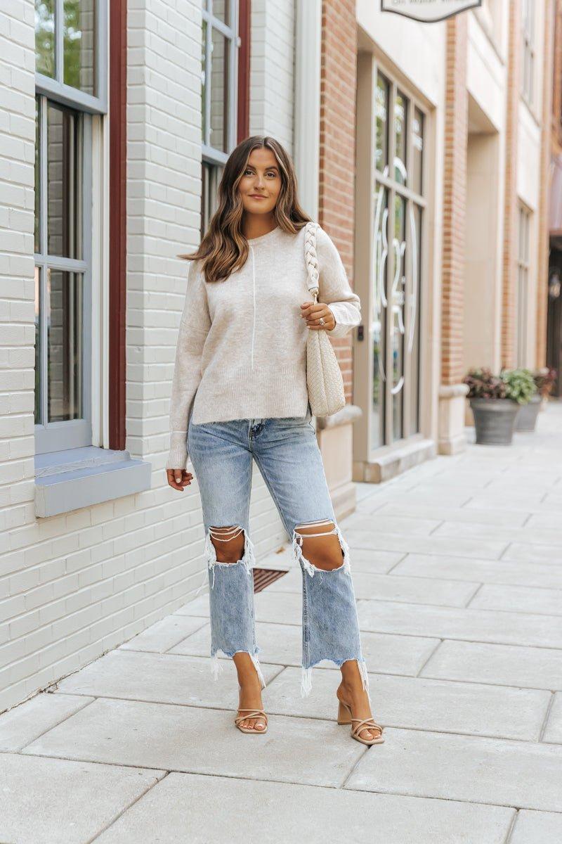 Natural Contrast Ribbed Pullover Sweater Product Image