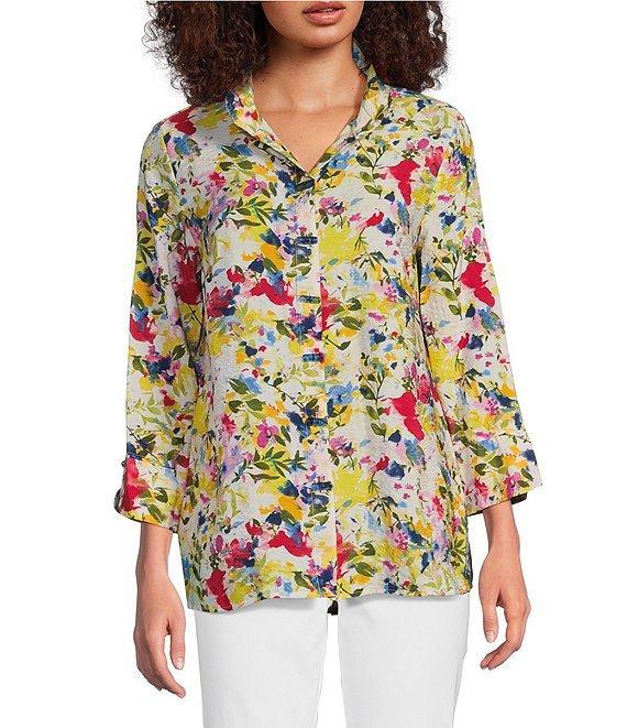 Ali Miles Printed Wire Collar 3/4 Sleeve Button Front Tunic Product Image