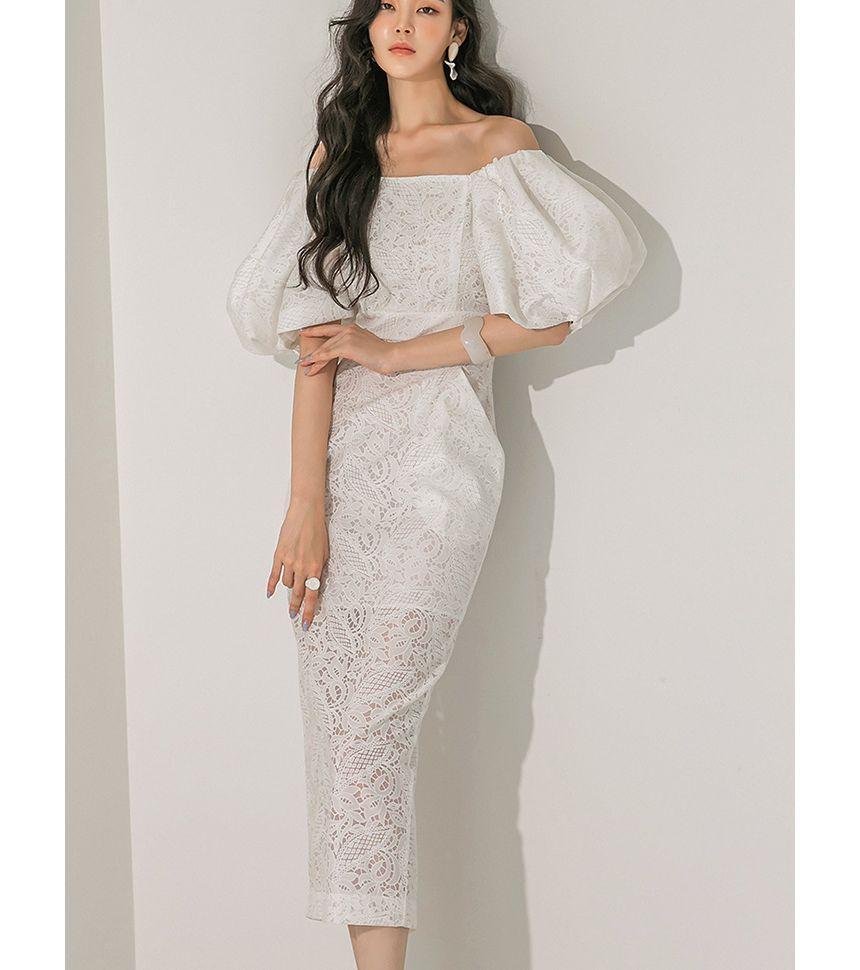 Puff Sleeve Off Shoulder Plain Lace Midi Sheath Dress Product Image