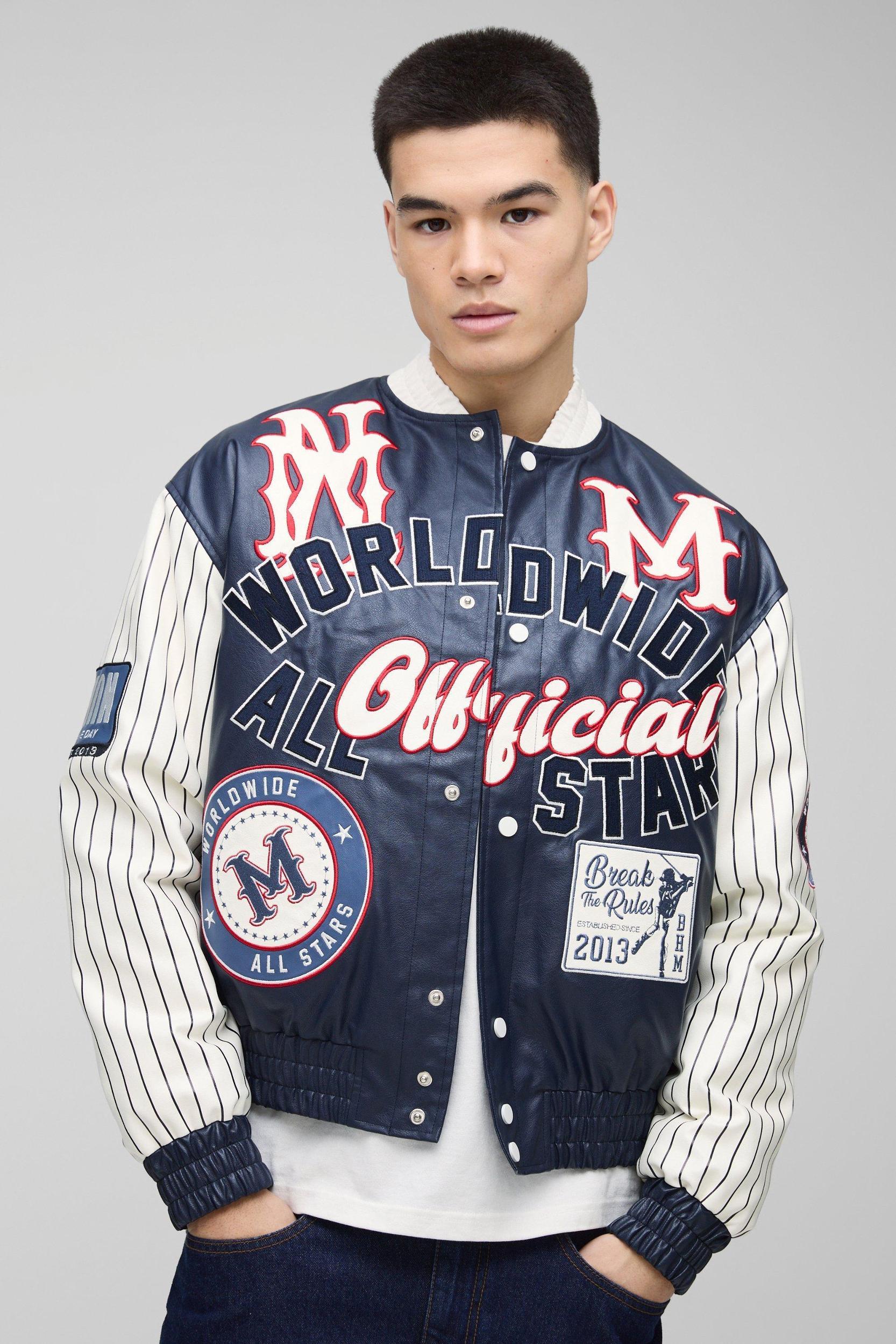 Mens Boxy Worldwide Stripe Sleeve Varsity Jacket - Green Product Image