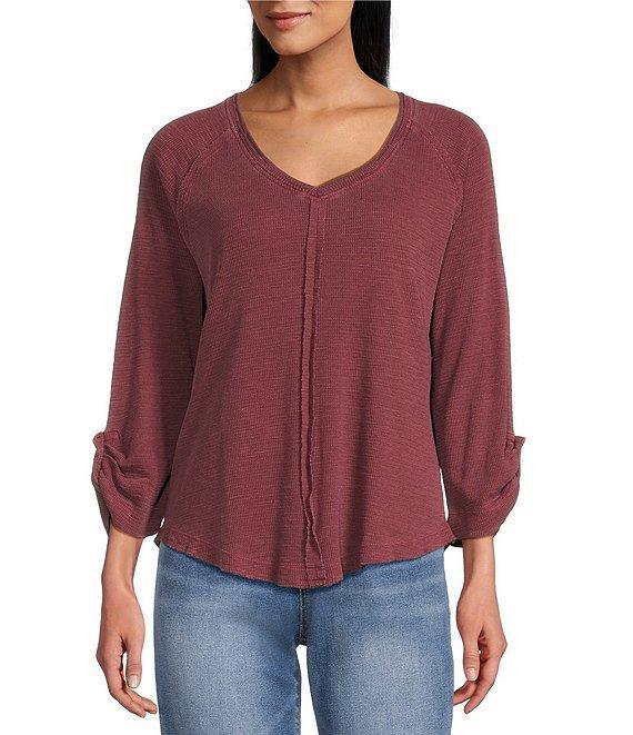 Westbound Petite Size Solid Knit 3/4 Bell Sleeve V-Neck Top Product Image