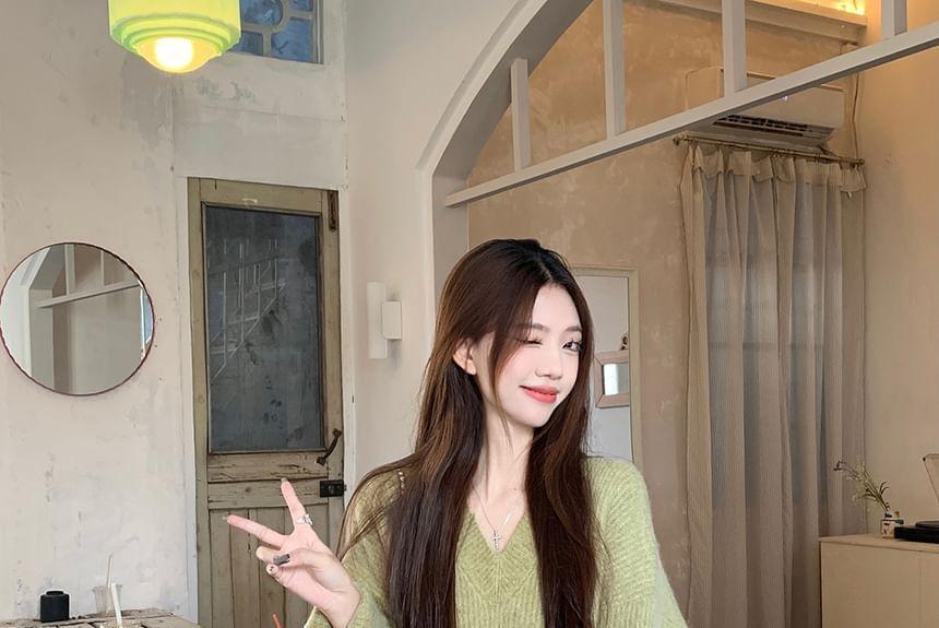 V-Neck Plain Long Sweater / High Waist Midi A-Line Skirt Product Image