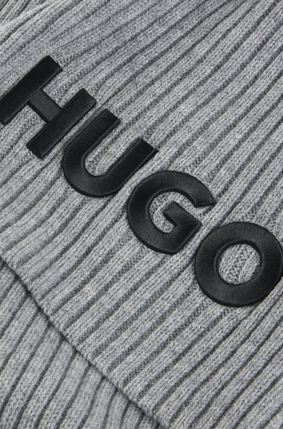 HUGO - Ribbed scarf in wool with embroidered logo - Grey Product Image