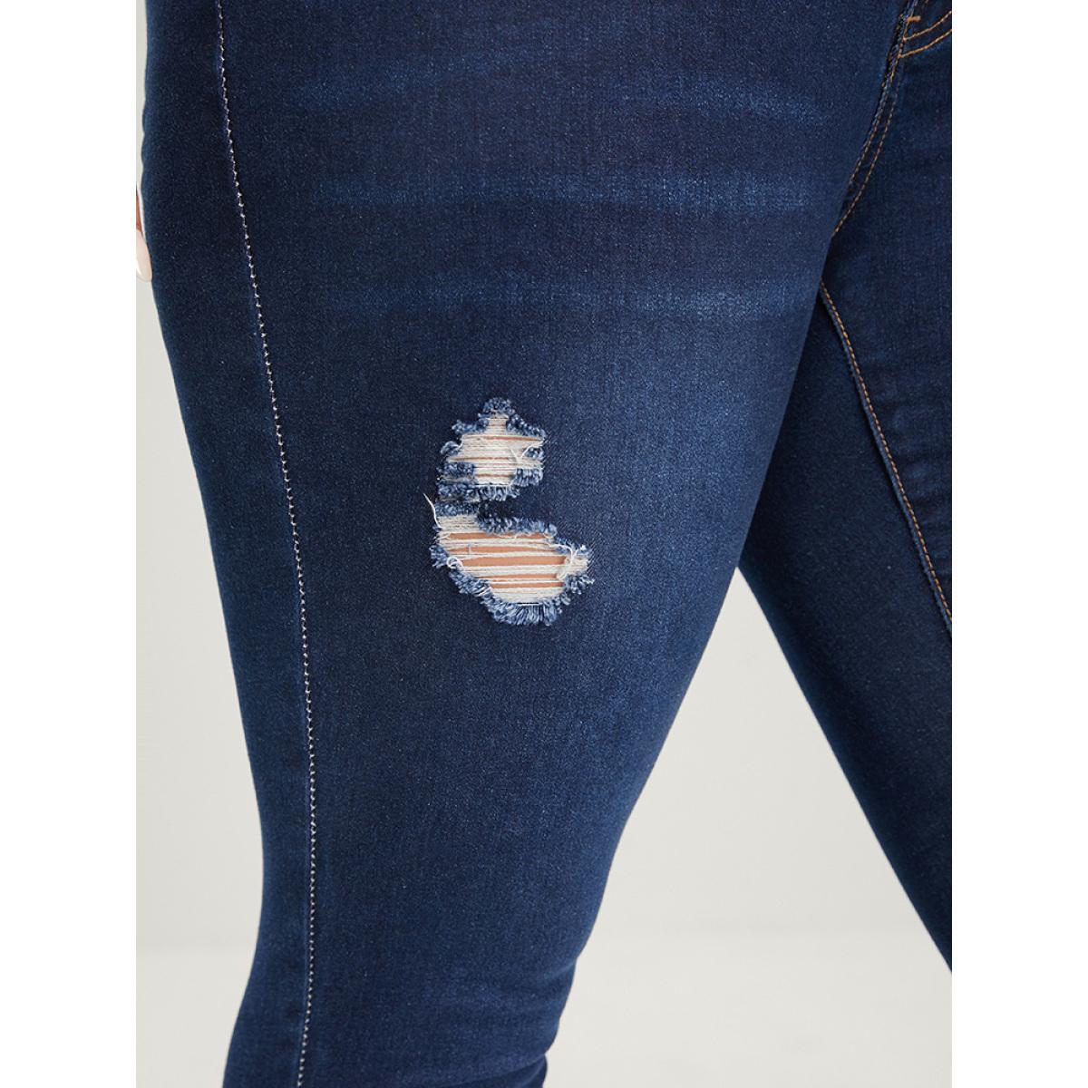 Plus Size Skinny Extremely Stretchy High Rise Dark Wash Distressed Jeans Women Blue Casual Plain Distressed High stretch Pocket Jeans BloomChic 20/2X Product Image