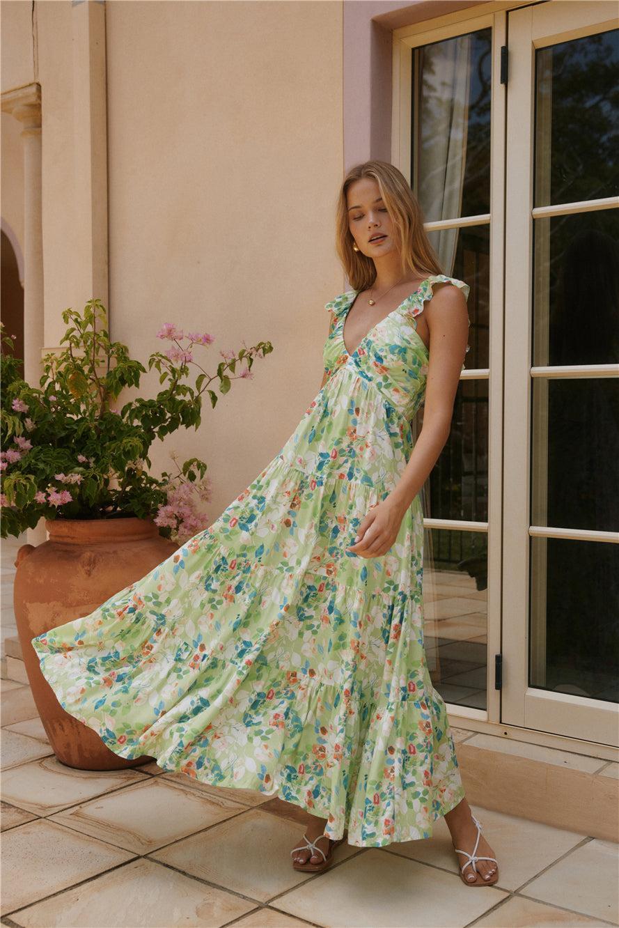 Softly Blooming Maxi Dress Green Product Image