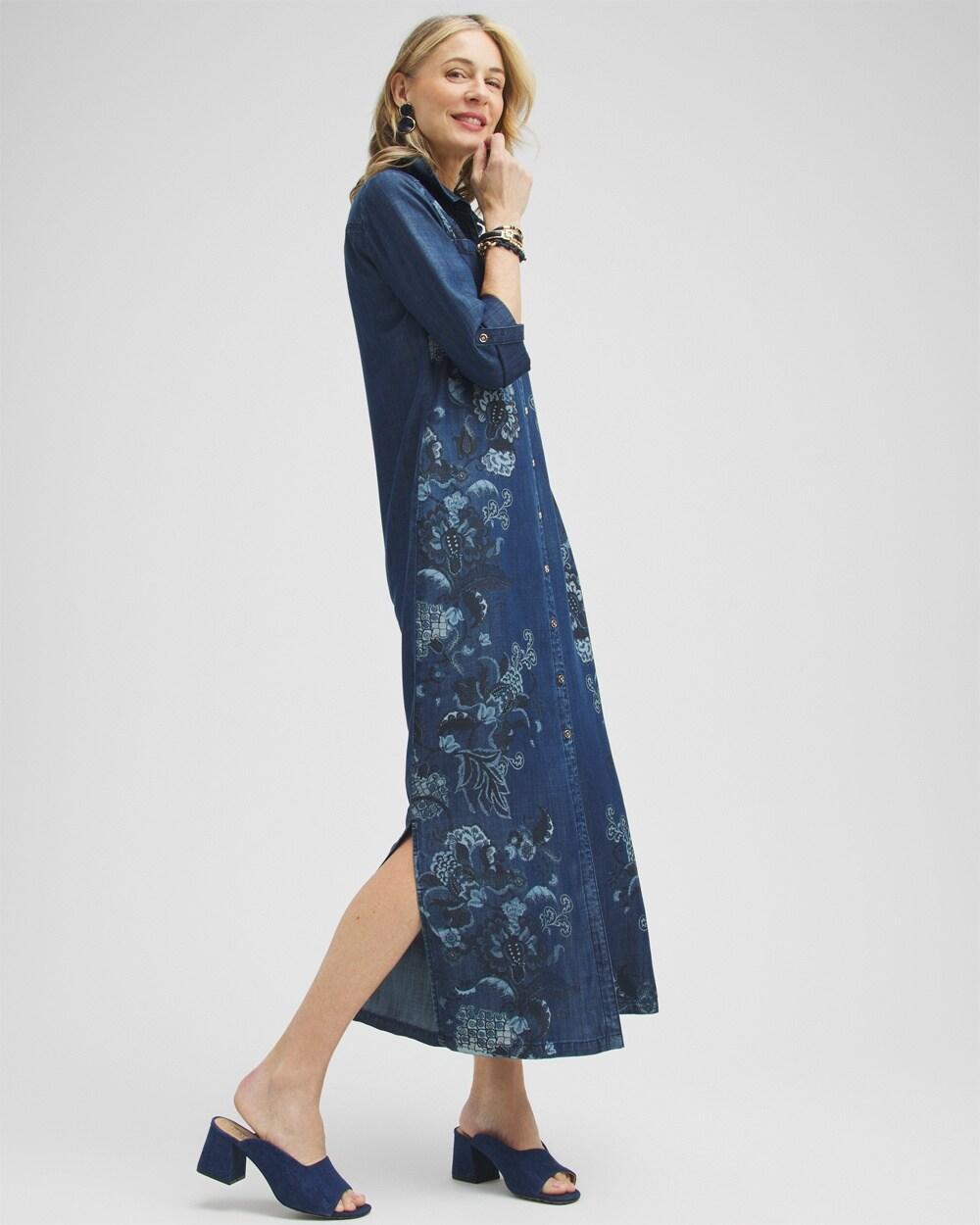 Chambray Roll Tab Floral Maxi Dress Product Image