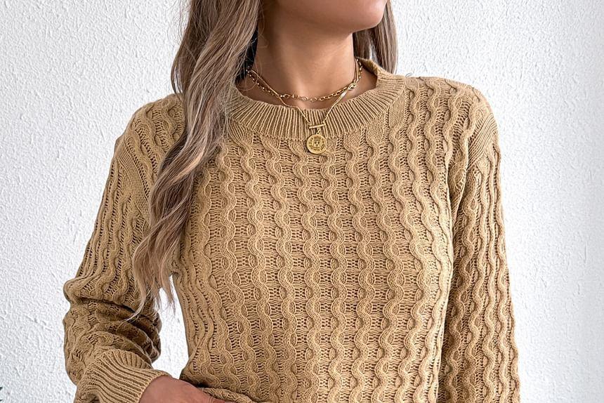 Crew Neck Plain Cable Knit Sweater Product Image