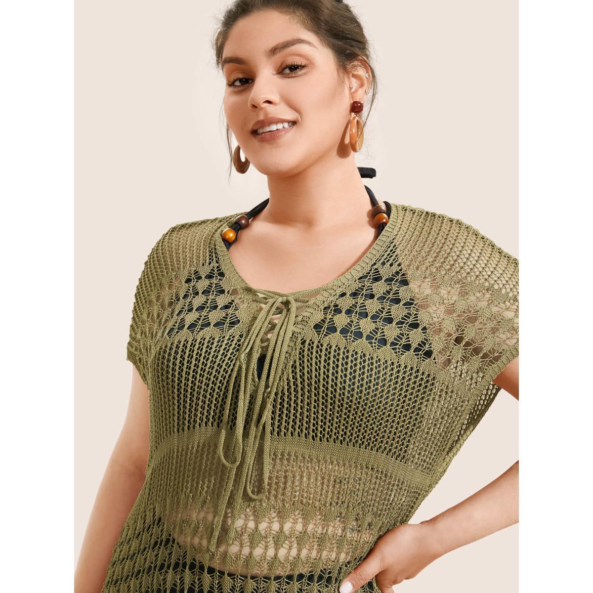 Plus Size Solid Cut Out See Through Lace Up Swim Cover Up Women's Swimwear Olive Beach Tie knot Curve Swim Cover Ups BloomChic 26/4X Product Image