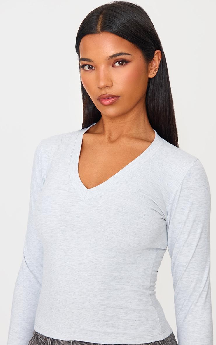 Ash Grey Sculpt V Neck Long Sleeve Top Product Image