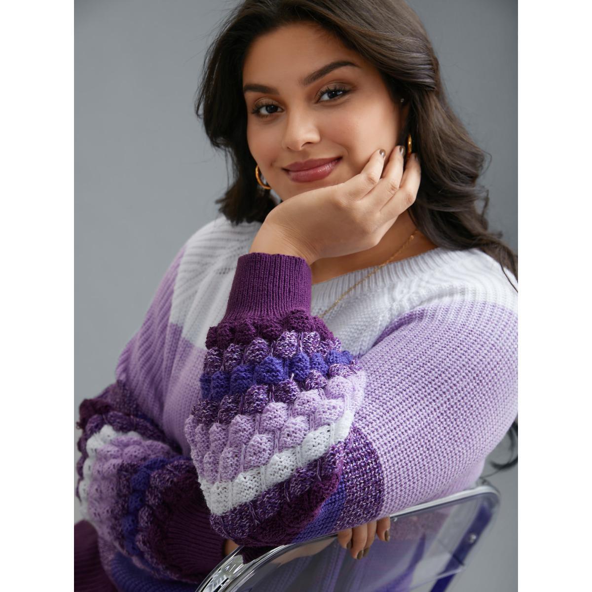 Plus Size Color contrast Plisse Raglan Sleeve Pullover Deeppurple Women Casual Loose Long Sleeve Round Neck Everyday Pullovers BloomChic 14-16/1X Product Image