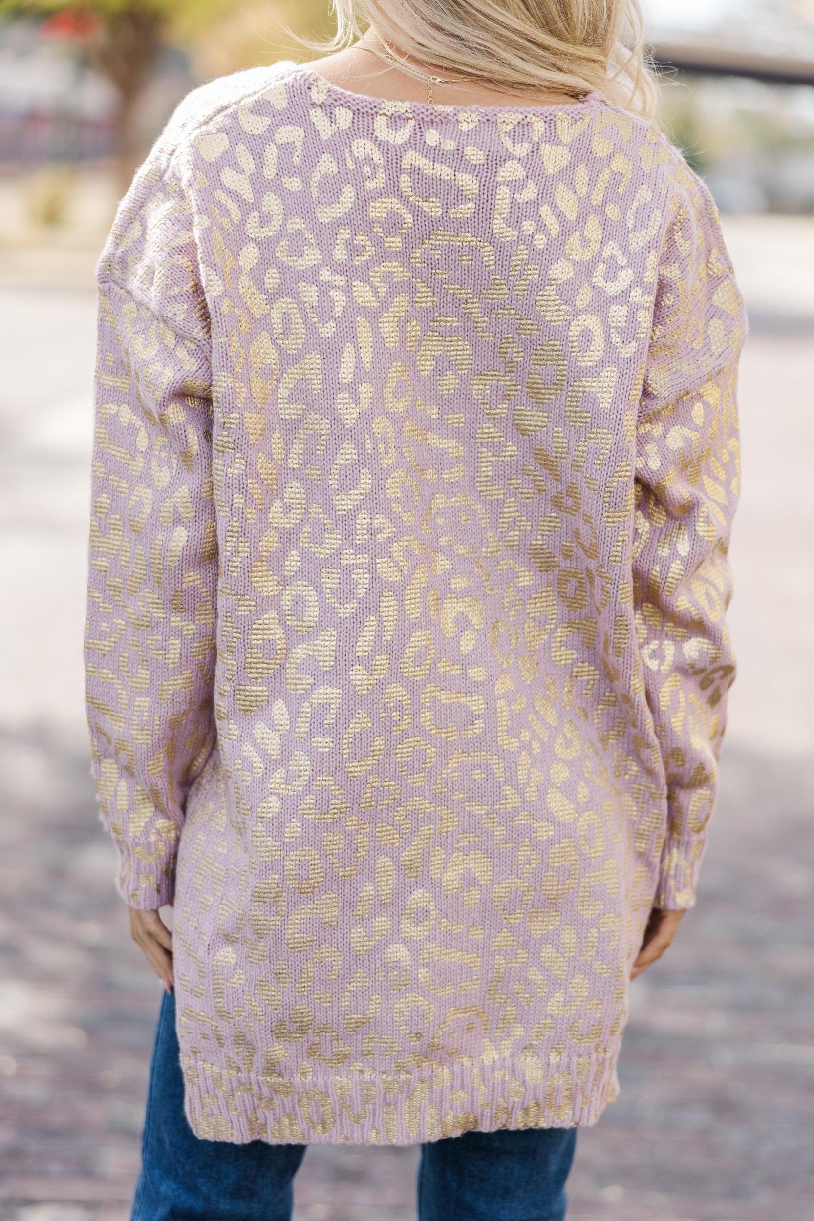 Don't Let Me Go Mauve Pink Metallic Leopard Sweater Female Product Image