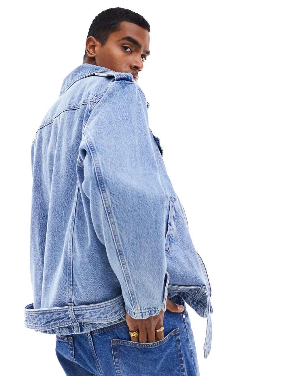 ASOS DESIGN oversized moto jacket in mid wash blue Product Image