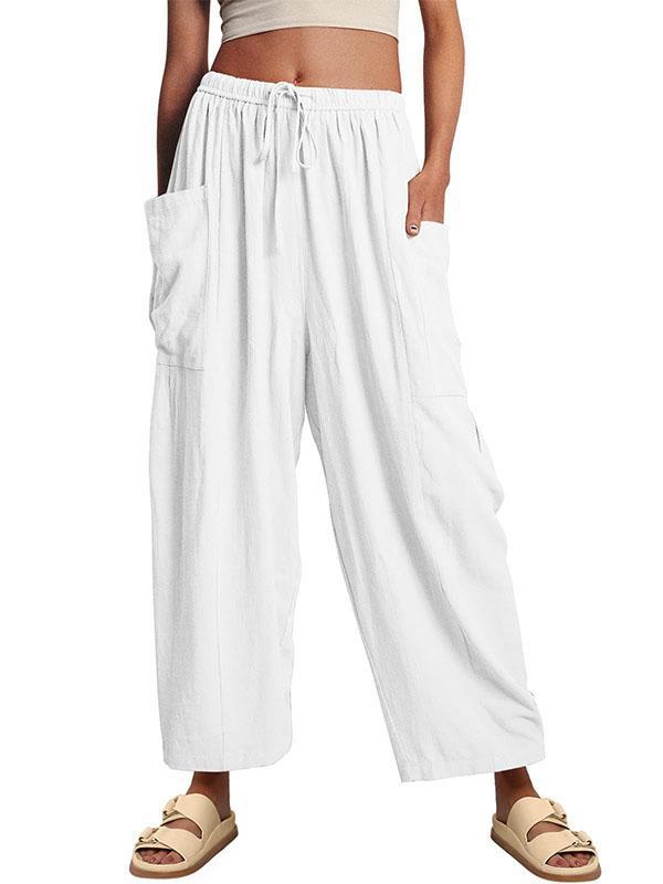 High Waisted Loose Drawstring Elasticity Pleated Pockets Solid Color Ninth Pants Trousers Product Image