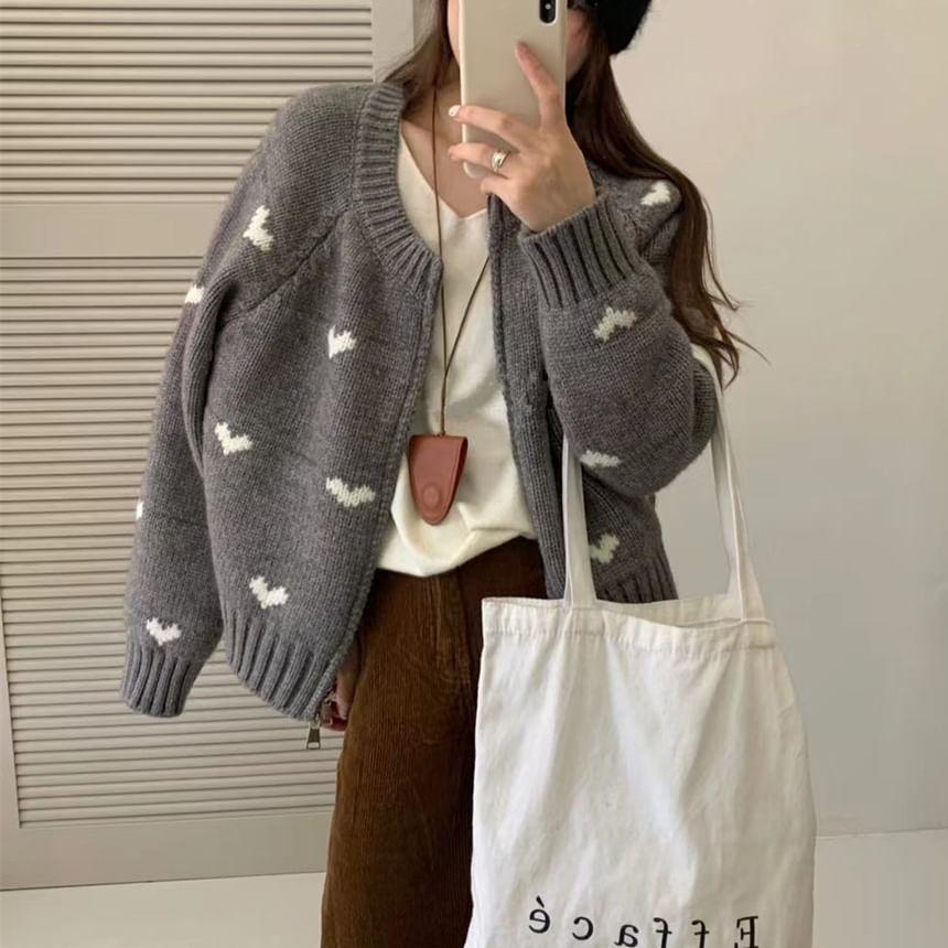 Crew Neck Heart Jacquard Zip-Up Cardigan Product Image