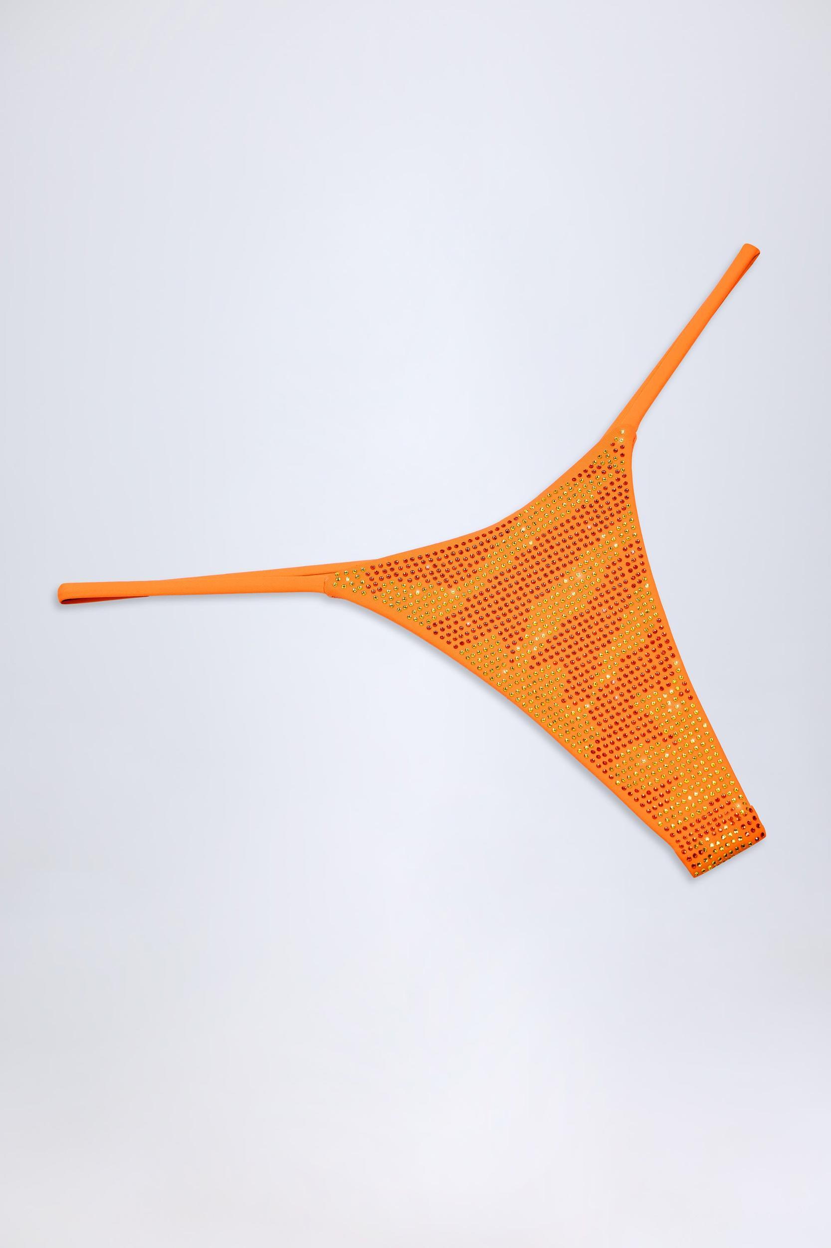Embellished Thong Bikini Bottoms in Orange Tropical Hotfix Product Image