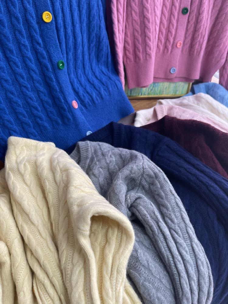 Crew Neck Plain Cable Knit Button-Up Cardigan Product Image