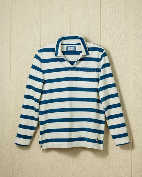 Long Sleeve Indigo Polo in Blue/Antique White Wide Stripe Product Image