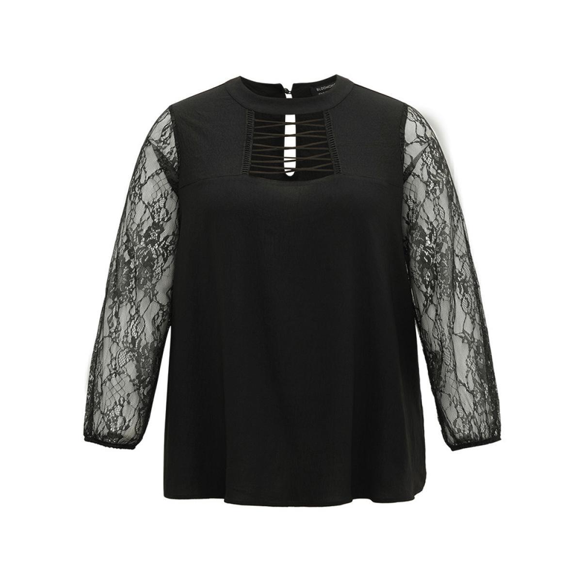Plus Size Black Halloween Eyelet Lace Cut Out Mesh Blouse Women Elegant Long Sleeve Keyhole Cut-Out Festival-Halloween Blouses BloomChic 18-20/2X Product Image