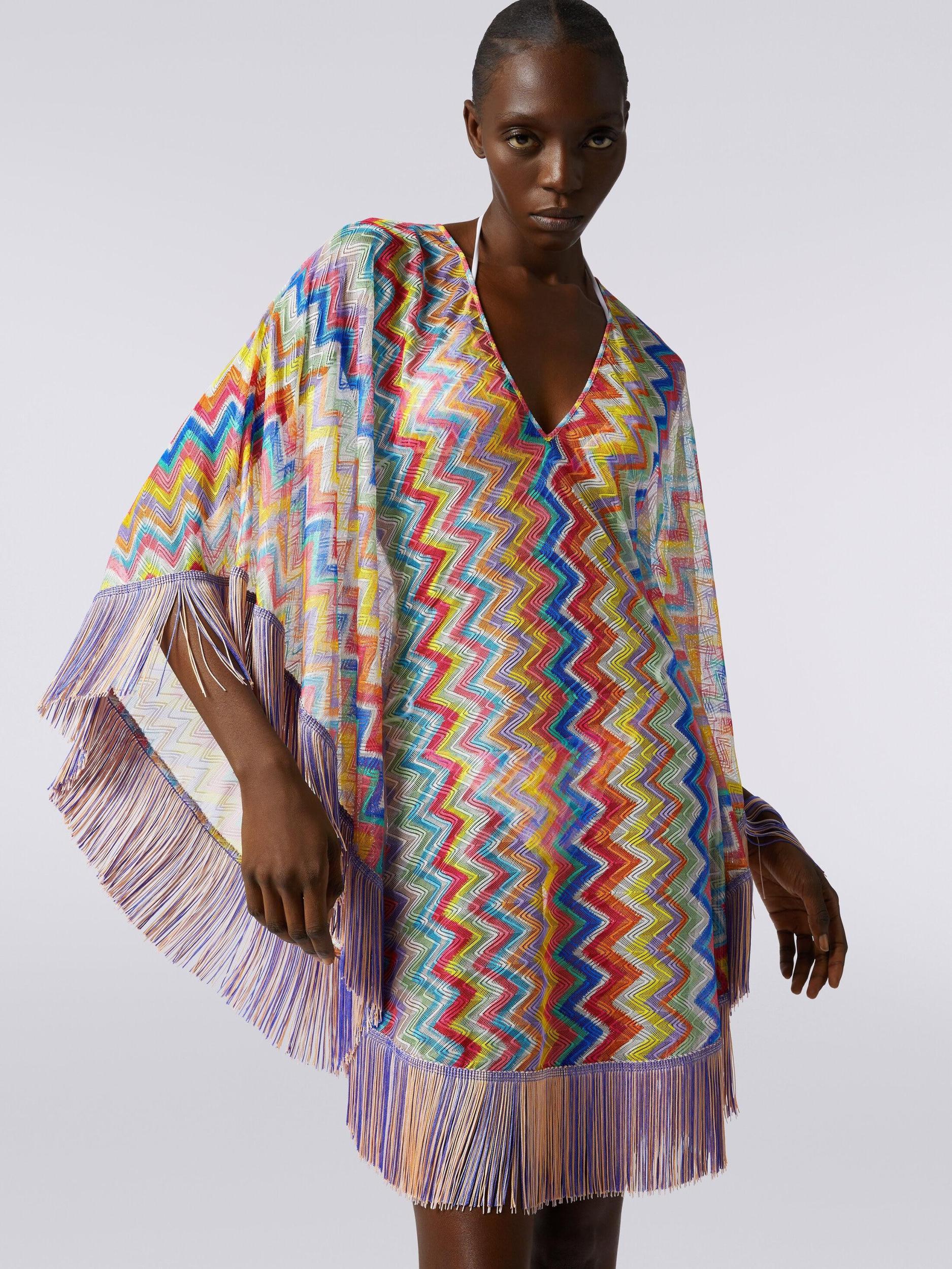 Short cover-up kaftan with zigzag print and fringes Product Image
