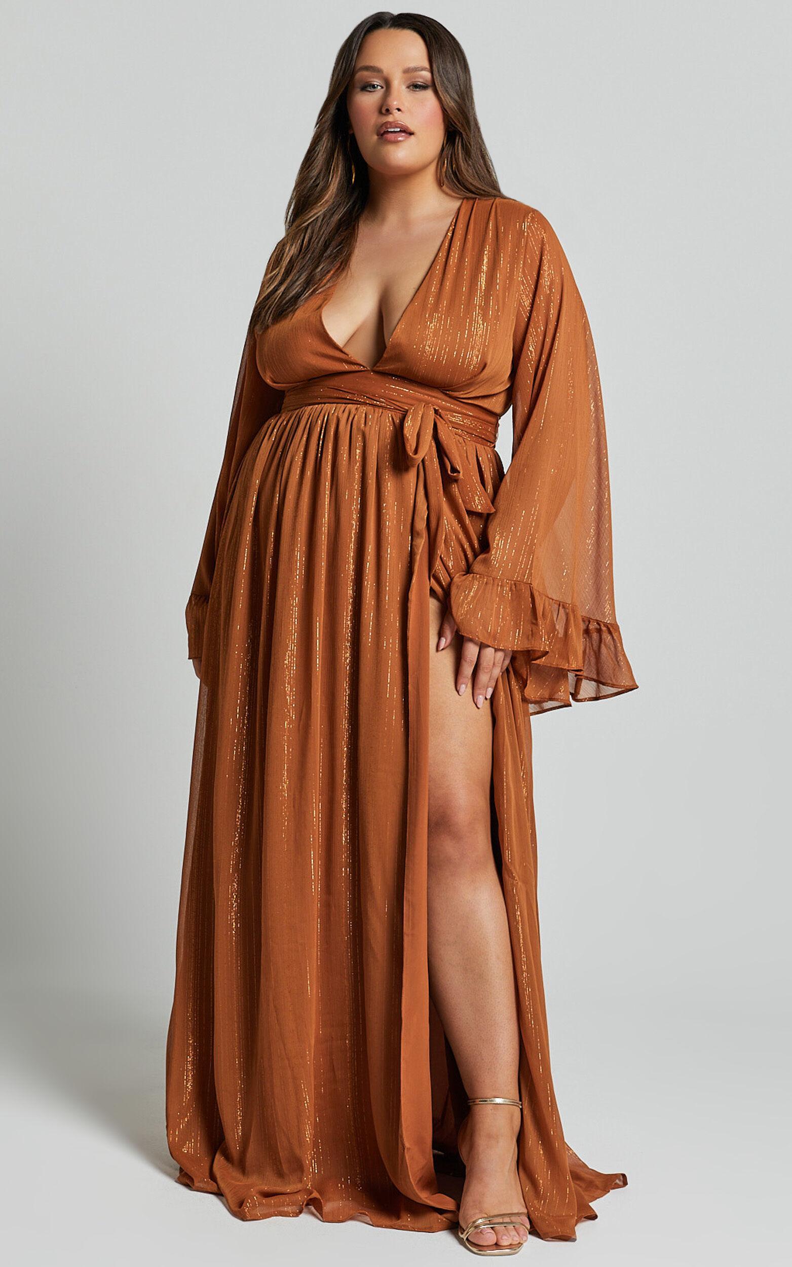 Dangerous Woman Maxi Dress - Plunge Thigh Split Dress in Rust Product Image