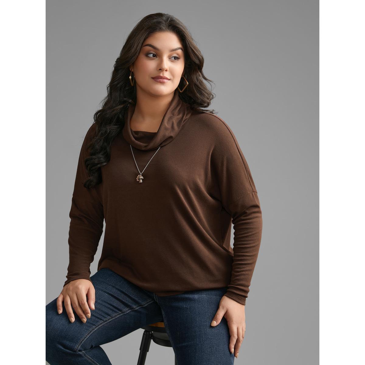 Plus Size Turtleneck Dolman Sleeve Split Hem T-shirt Browncoffeecolor Women Casual Slit Ruffled collar Loose Everyday T-shirts BloomChic 28/5X Product Image