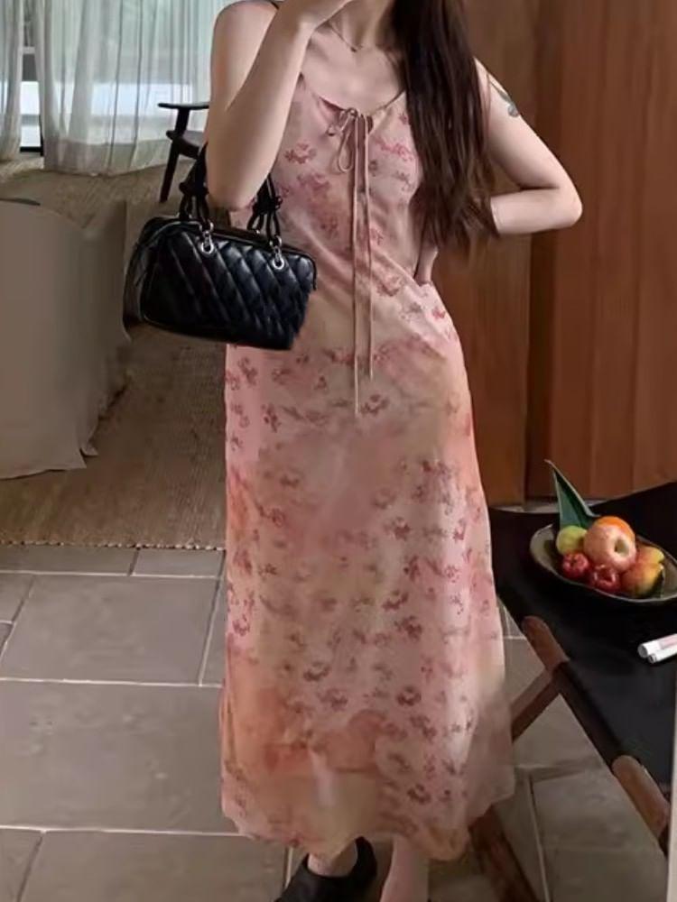 Spaghetti Strap Floral Print Tie Front Midi A-Line Dress Product Image