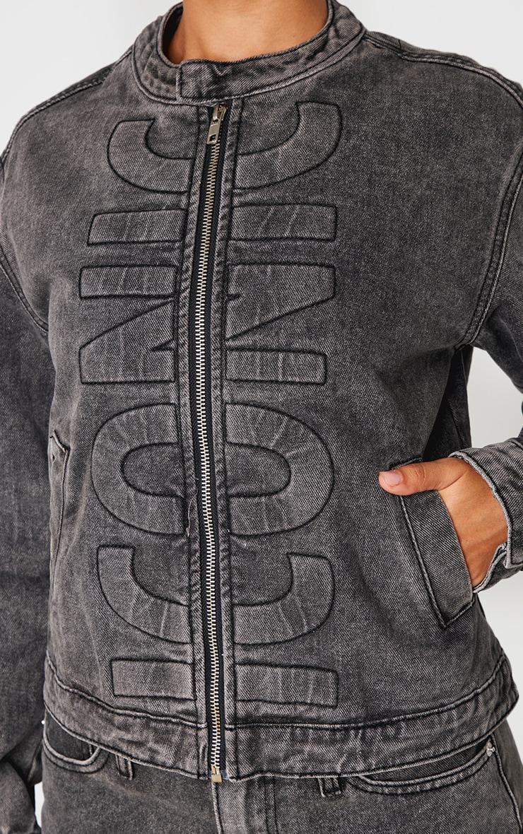 Petite Washed Black Iconic Embossed Denim Jacket Product Image