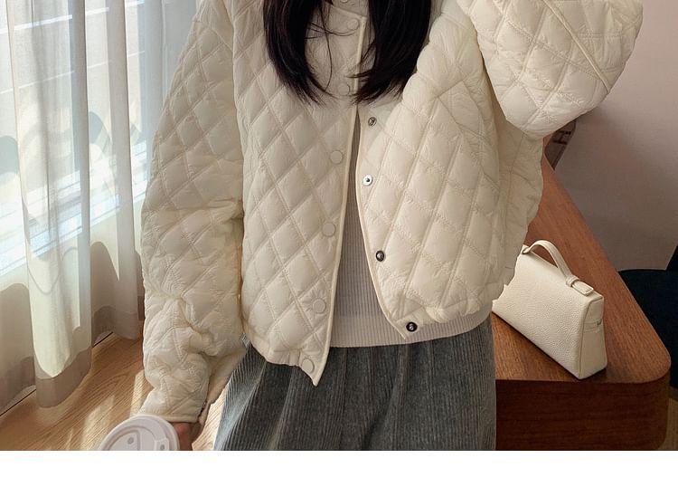 Crew Neck Plain Quilted Button-Up Crop Jacket Product Image
