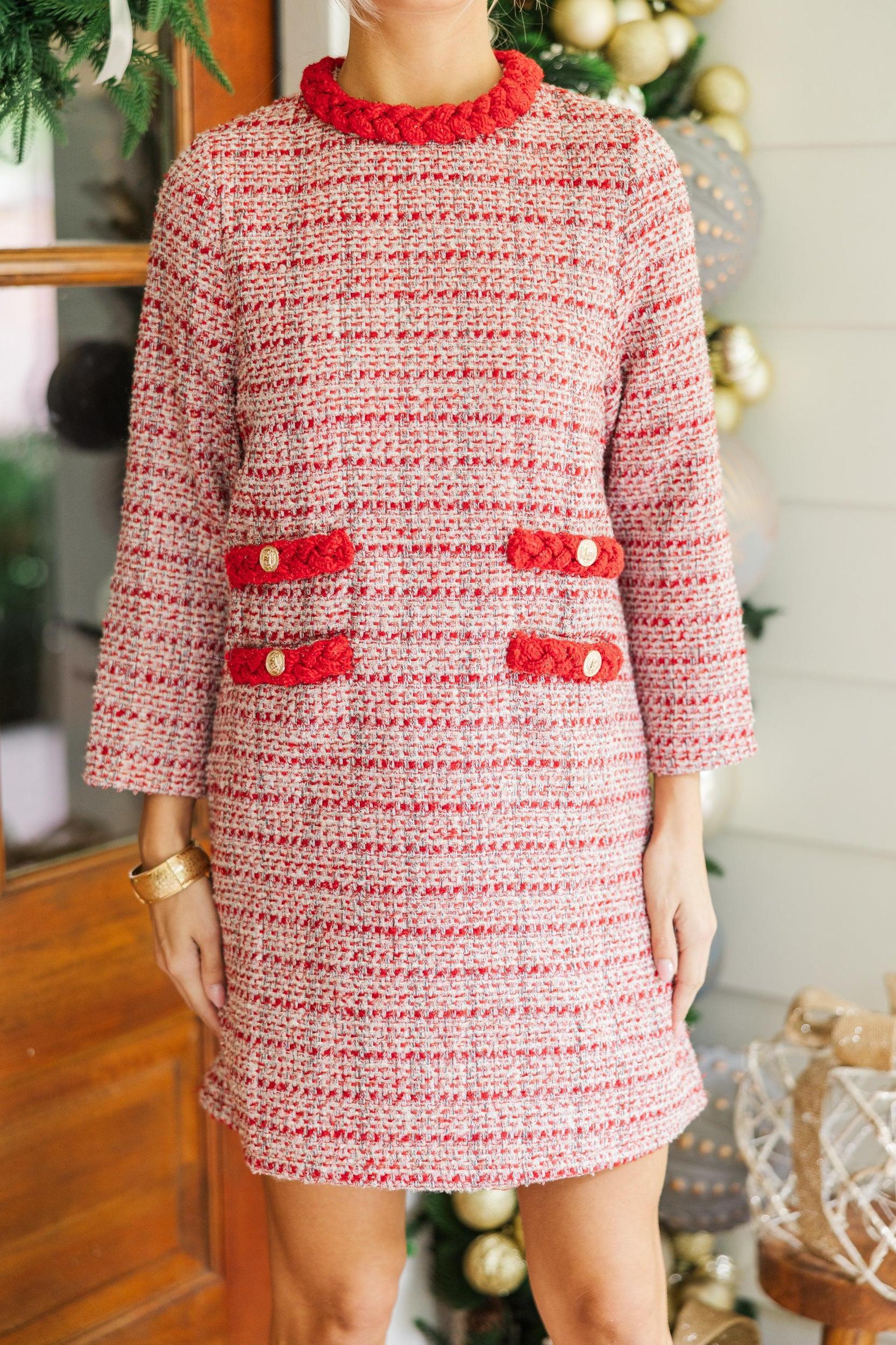 Ask You Out Burgundy Red Tweed 3/4 Sleeve Dress Female Product Image