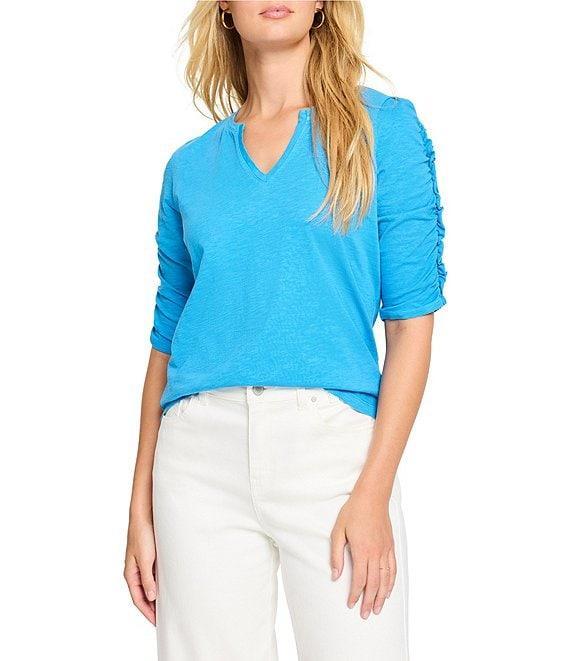 NIC + ZOE Cotton Knit Slub Split V-Neck Short Ruched Sleeve Tee Shirt Product Image