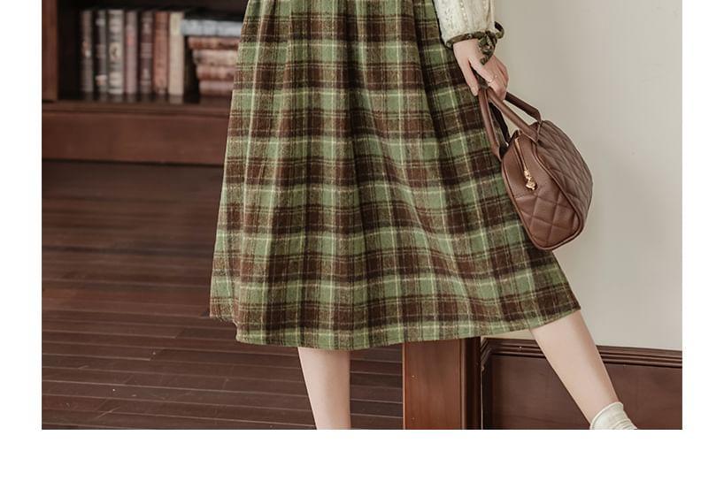 Long Sleeve Round Neck Plaid Mock Two Piece Frill Button Midi A-Line Dress Product Image