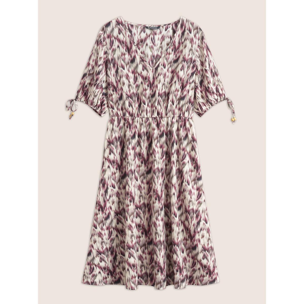 Plus Size Ombre Brush Print Ties Elastic Waist Dress RedViolet Women Elegant Non V-neck Half Sleeve Curvy Midi Dress BloomChic 30/6X Product Image