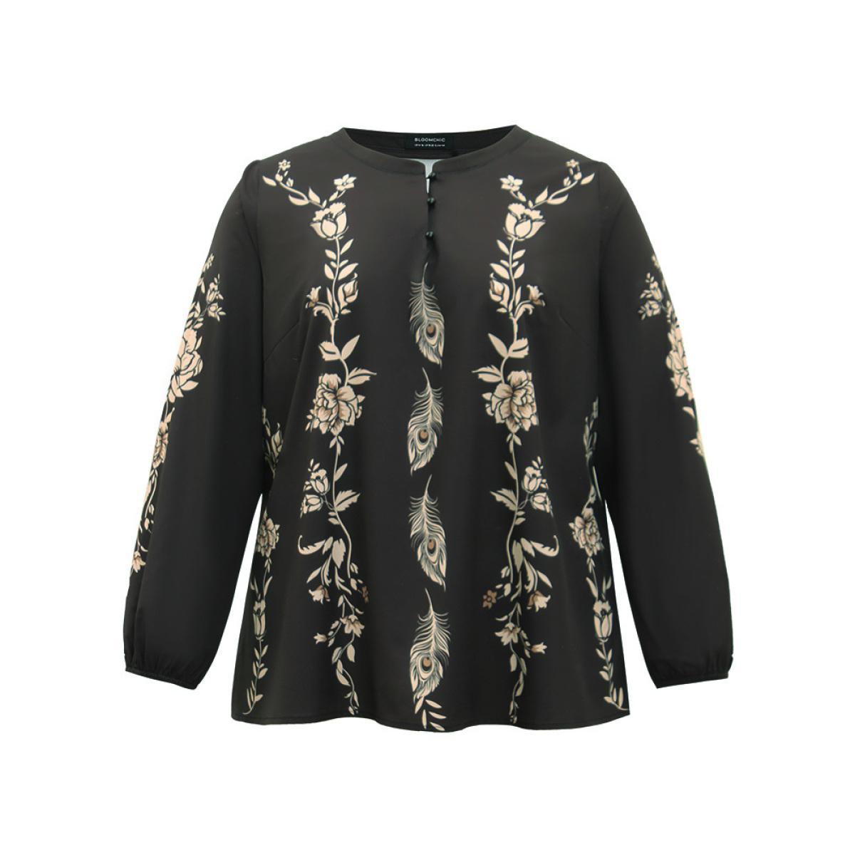 Plus Size Black Floral Print Button Up Lantern Sleeve Blouse Women Elegant Long Sleeve Round Neck Dailywear Blouses BloomChic 18-20/2X Product Image